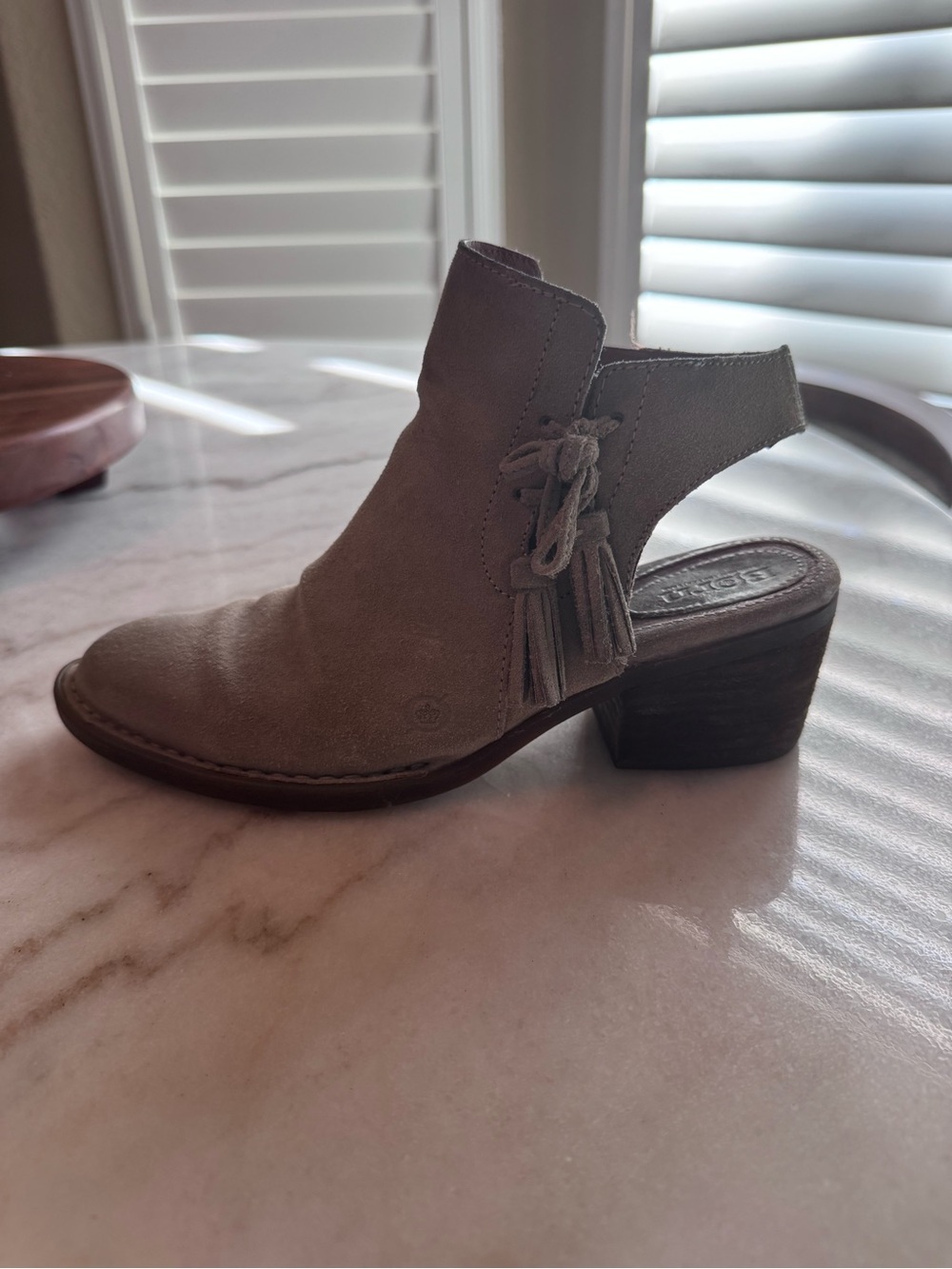 Born Taupe Suede Cutout Ankle Bootie with Tassel